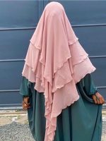 Khimar plissé en mousseline rose poudré à trois voiles
