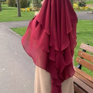 Khimar plissé 3 voiles en mousseline rouge grenat