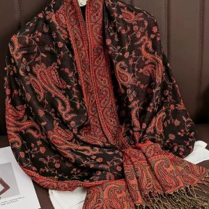 Pashmina noir et rouge écarlate en matière douce