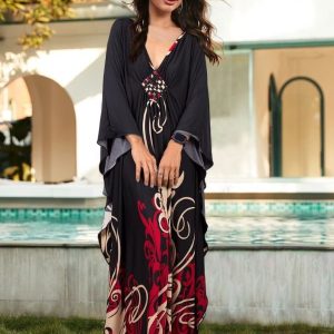 Robe djellaba rouge et noire, style arabesque