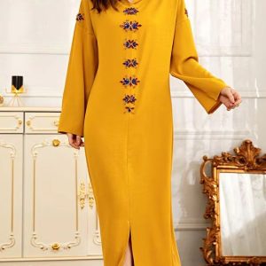 Robe djellaba moderne femme jaune safran, élégante et stylée
