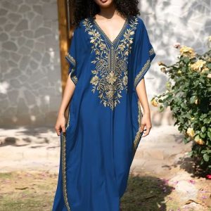 Djellaba royale bleue avec motifs traditionnels